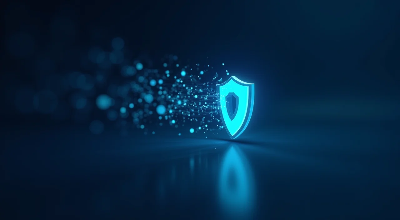 A digital data stream protected by a glowing shield representing secure cross-border database migration.