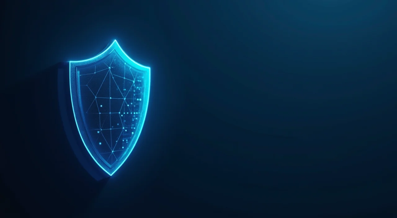 A translucent dark blue glass shield with a cyan geometric lattice pattern set against a deep navy background, symbolizing secure enterprise database architecture.