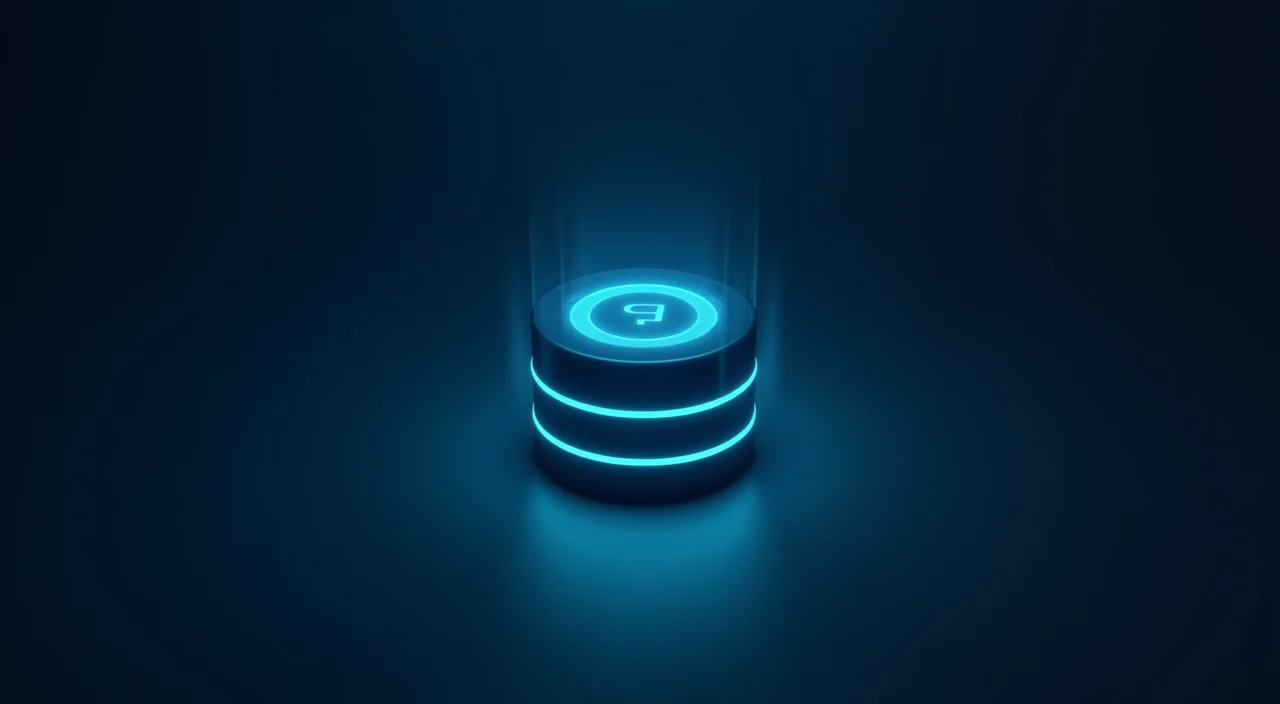 A glowing cyan data node representing secure enterprise database software floating in a dark blue void, symbolizing commercial support and reliability.