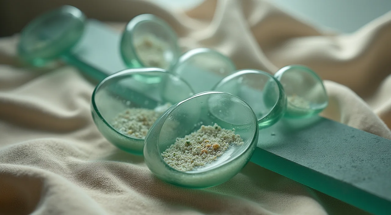 Nested transparent glass shells around a solid ceramic core on a linen surface