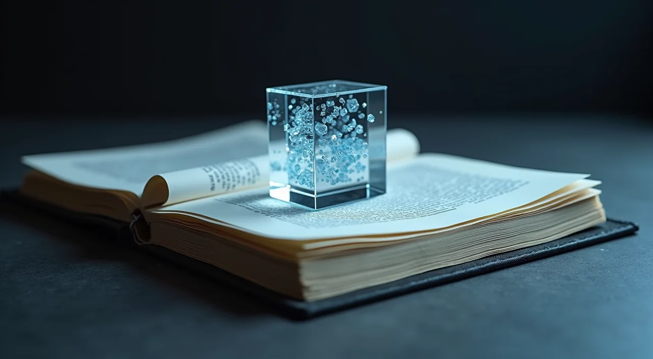 A physical ledger book separated by a divider from a glass prism containing floating geometric particles, symbolizing the architectural separation between transactional records and