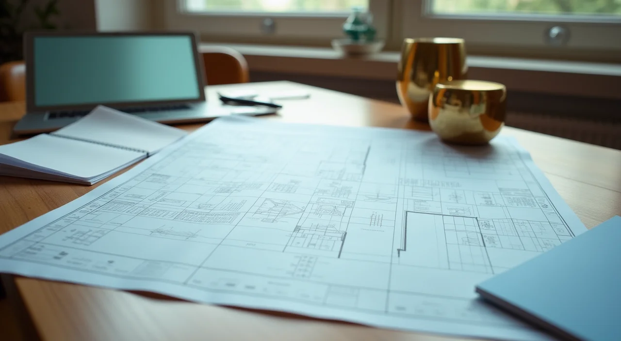 A blueprint table with translucent sheets and brass paperweights representing architectural planning for AI database readiness