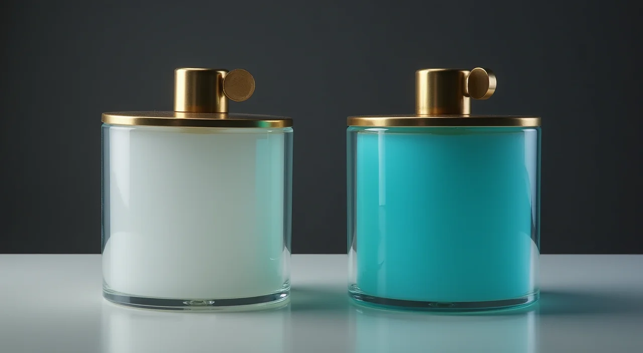 A frosted glass sphere and a polished brass sphere resting side by side on a linen surface, illustrating the distinction between transactional and vector layers.