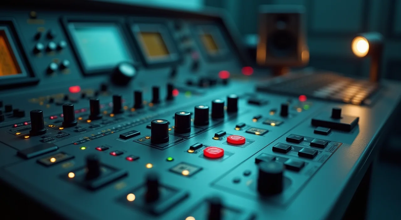 Close-up of an industrial control console with unlabeled brass knobs and matte surfaces under focused lighting, symbolizing precise migration strategy evaluation.