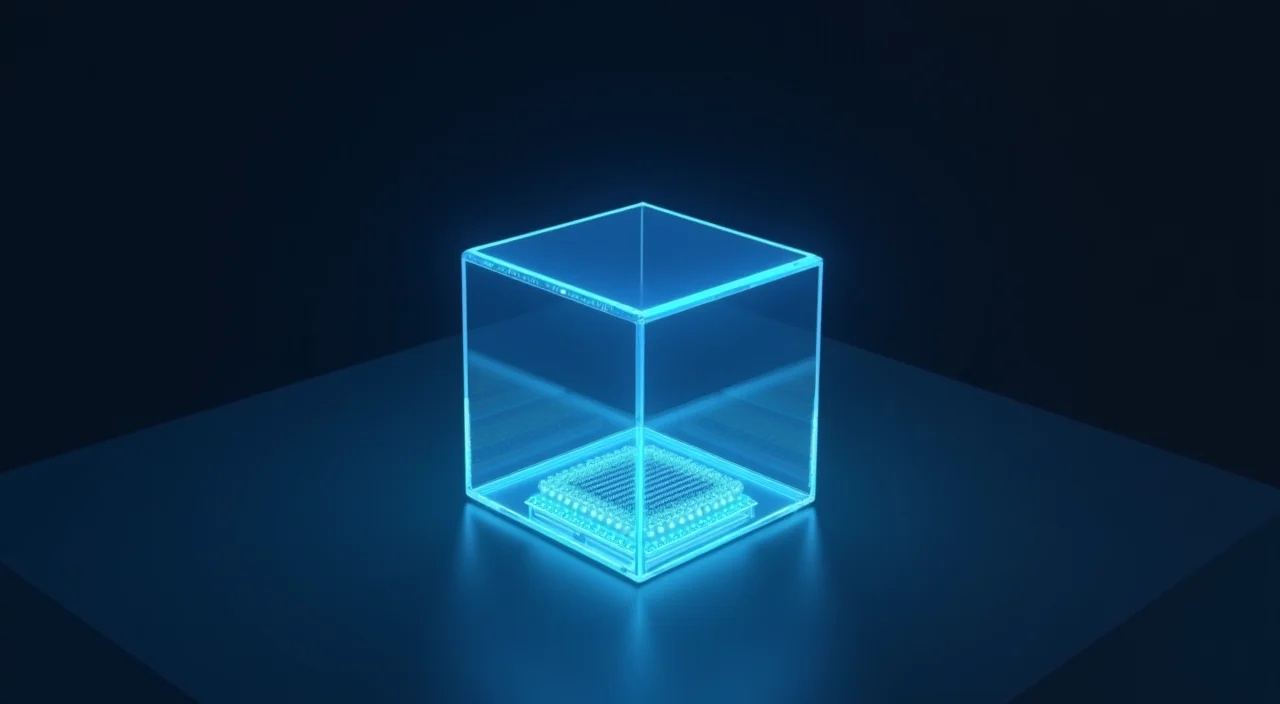 Abstract illustration of a transparent prism with two isolated internal zones of cyan and dark blue light, symbolizing the architectural separation of transactional and analytical