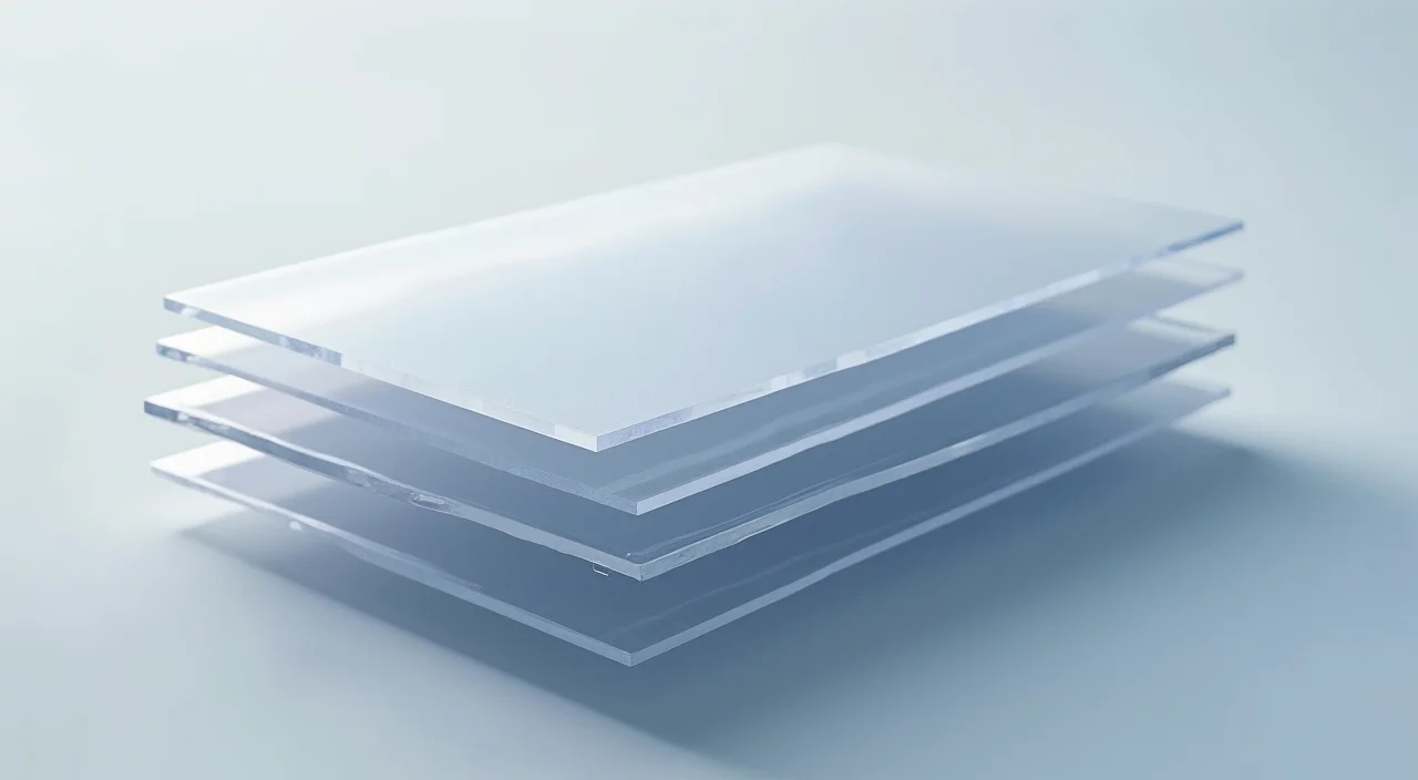Stacked transparent acetate sheets on a linen surface representing layered data architecture