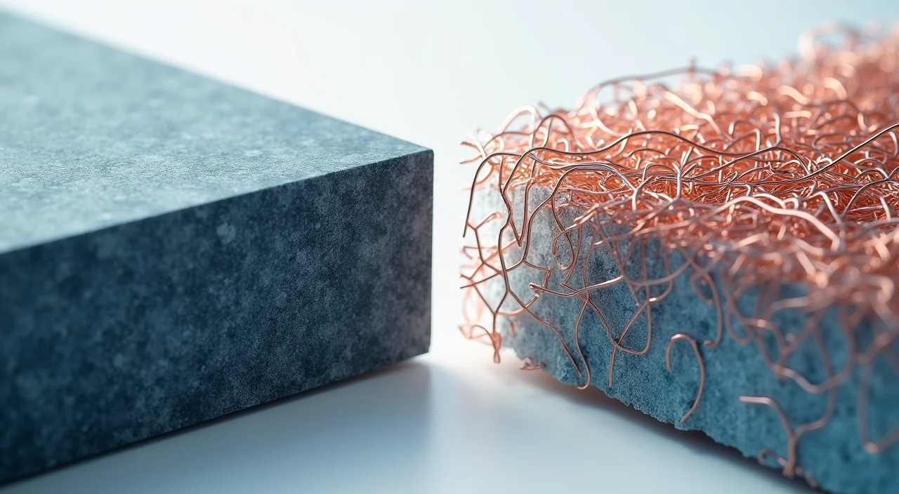 Two distinct material structures separated by a gap, representing the architectural boundary between transactional systems and vector retrieval layers.