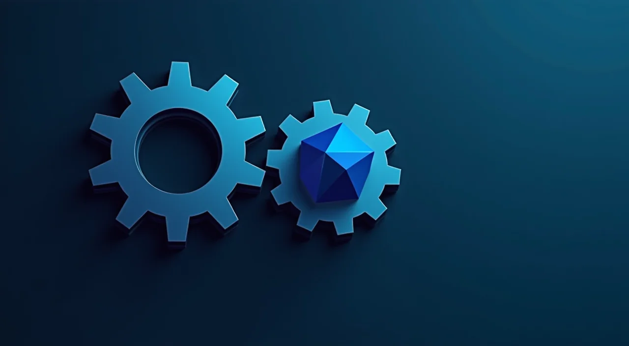 Abstract metallic and geometric forms representing enterprise database migration and system integration against a dark blue background.