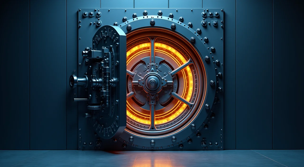 Architectural cross-section of an industrial vault door revealing internal mechanisms, symbolizing enterprise database migration evaluation.