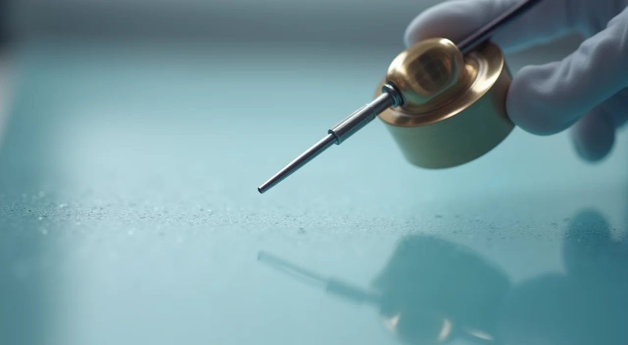 A brass diagnostic probe hovering over a frosted glass surface, symbolizing the careful analysis of enterprise database infrastructure risks.