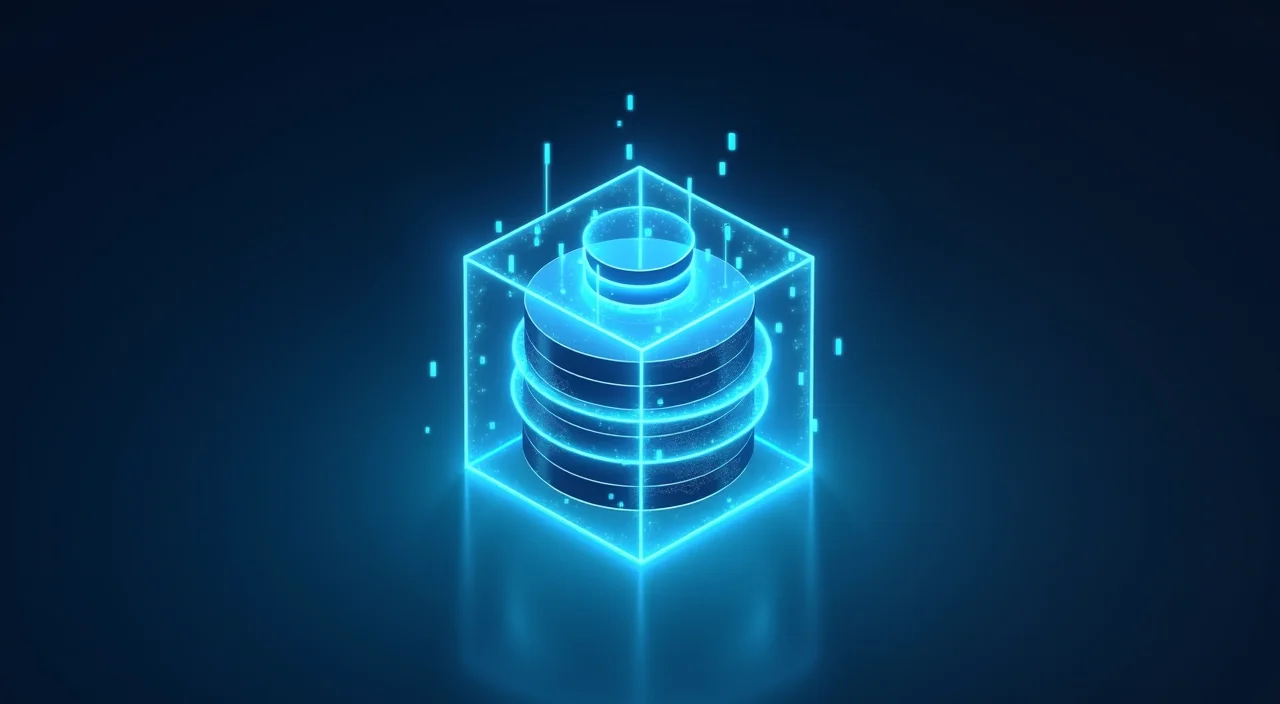 A conceptual illustration of a unified enterprise database architecture featuring a translucent cube with integrated data layers, symbolizing the convergence of transactional, vector, and document storage for Generative AI.