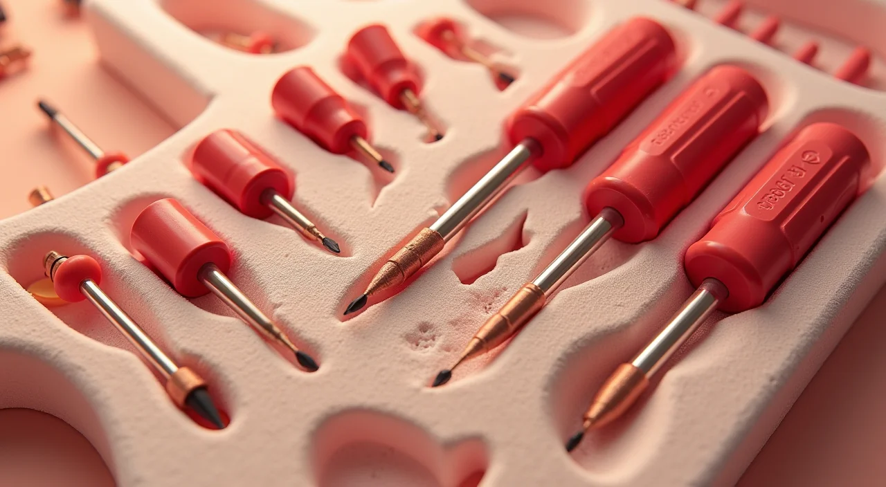 A precision screwdriver set arranged in foam cutouts on a linen surface, illustrating the careful assembly of a secure technical architecture.