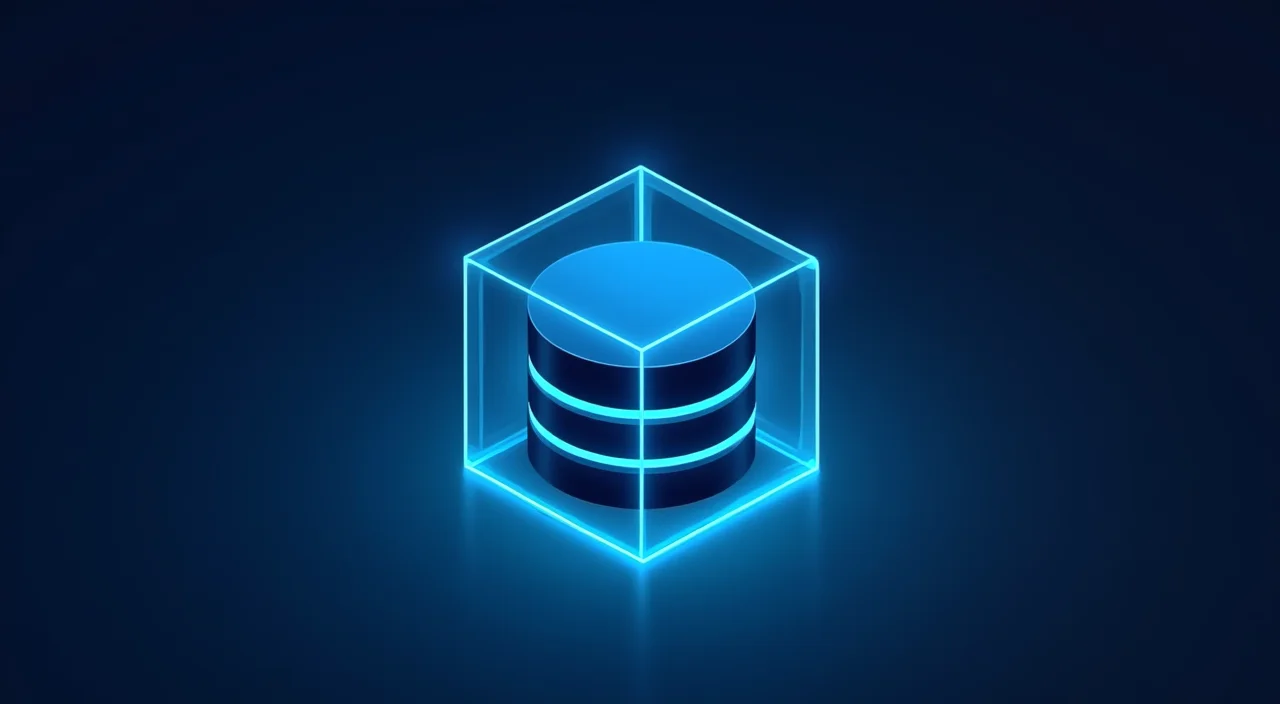 Abstract illustration of a secure enterprise database architecture glowing in cyan against a dark blue background, symbolizing data separation and retrieval optimization.