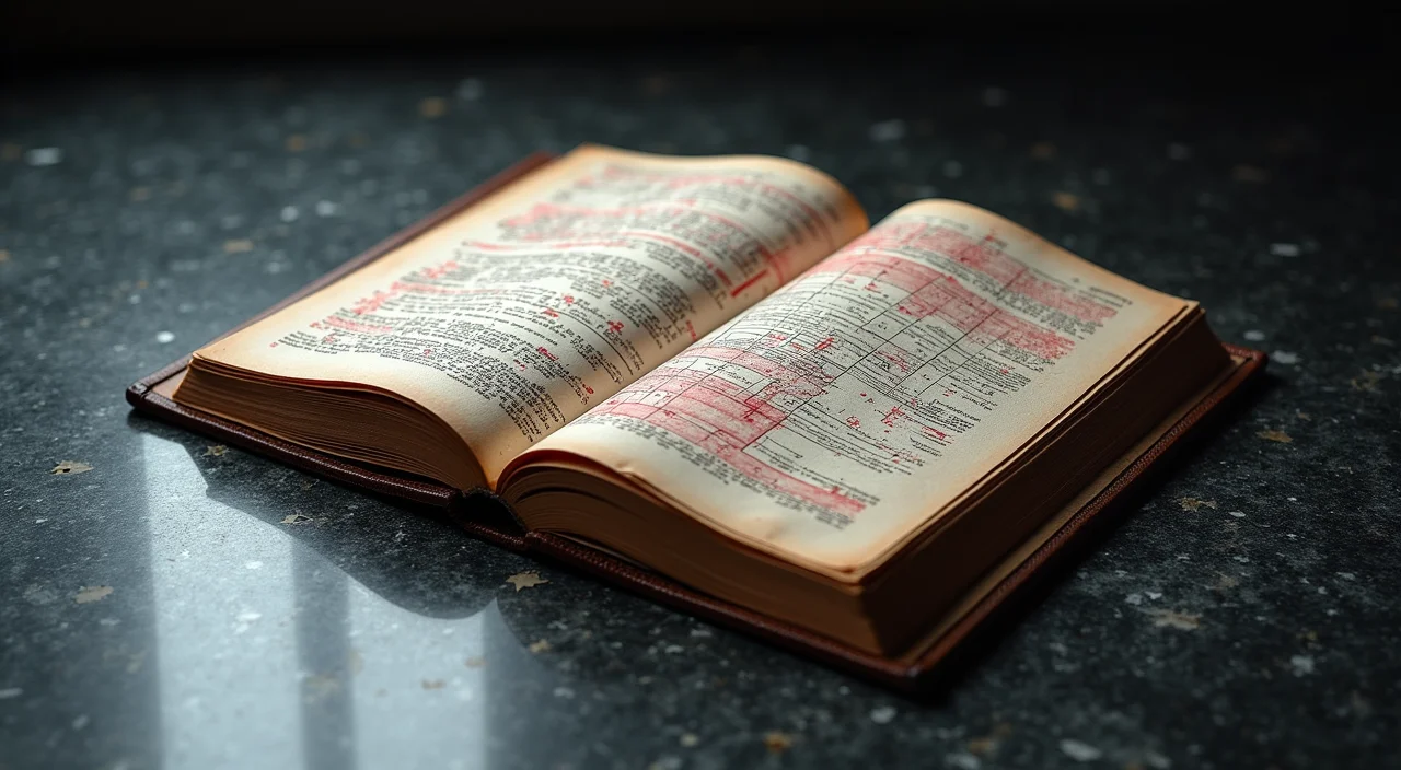 A heavy steel ledger book with architectural schematics on a dark stone surface, symbolizing the rigorous evaluation and commercial liability of high availability enterprise databa