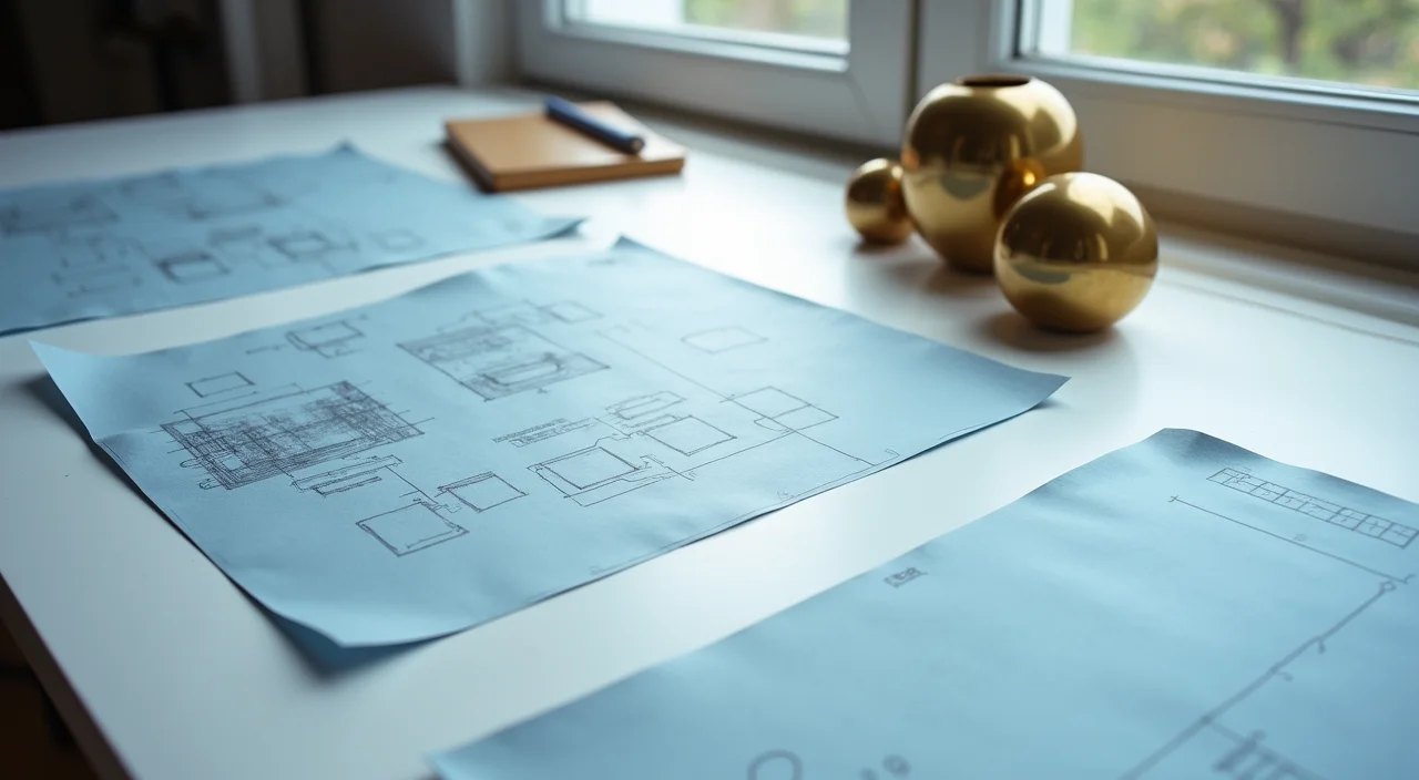 A technical blueprint table with blank sheets and brass weights representing a rigorous validation framework for database migration.