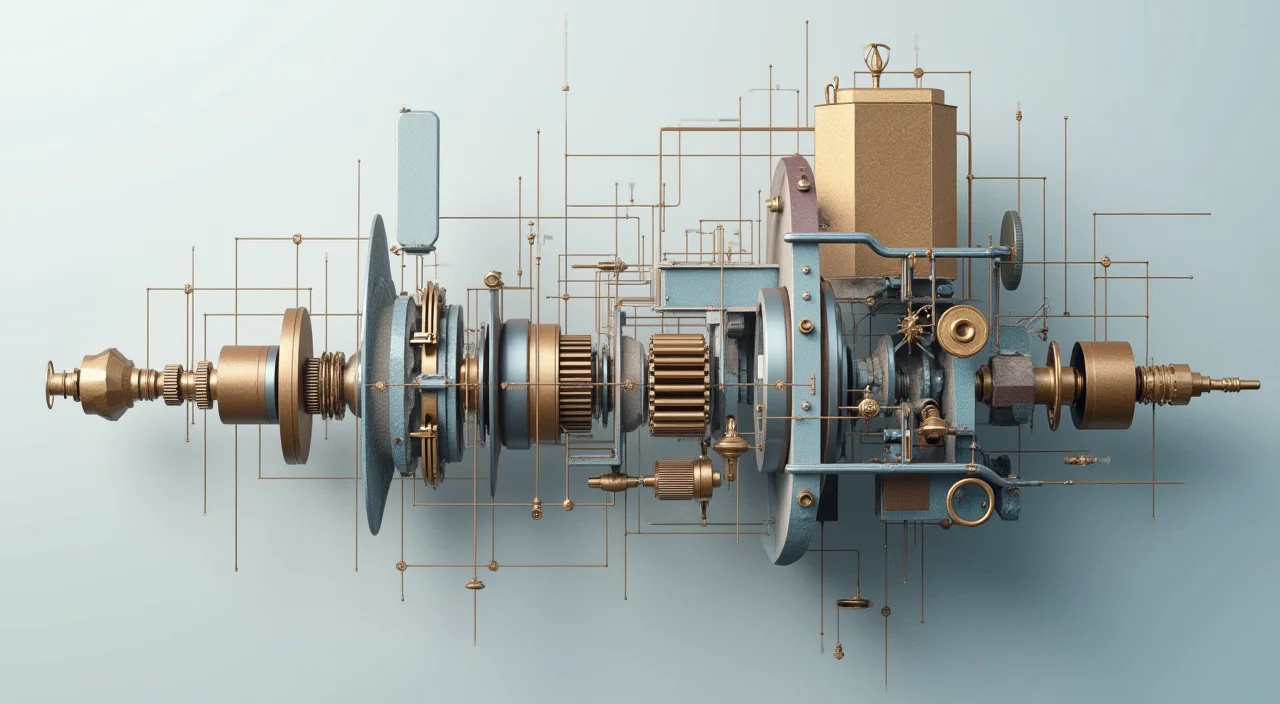 Precision mechanical parts suspended in ordered spacing above a linen surface, illustrating the breakdown of complex system components.