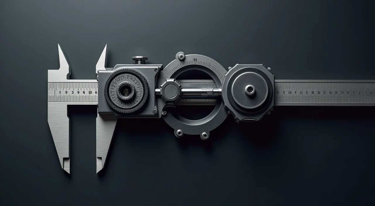 A precision caliper measuring a complex metal gear assembly, symbolizing the architectural verification required for secure database migration.