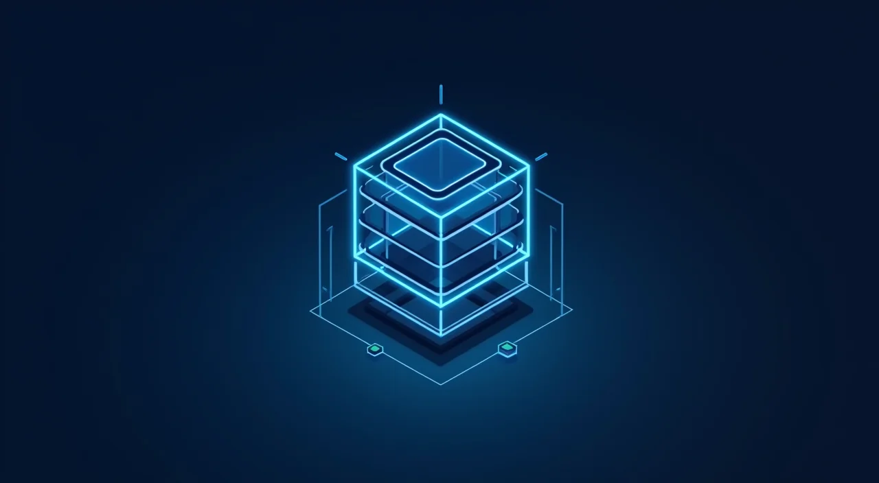 Abstract geometric blueprint illustration representing enterprise database migration architecture in dark blue and cyan.