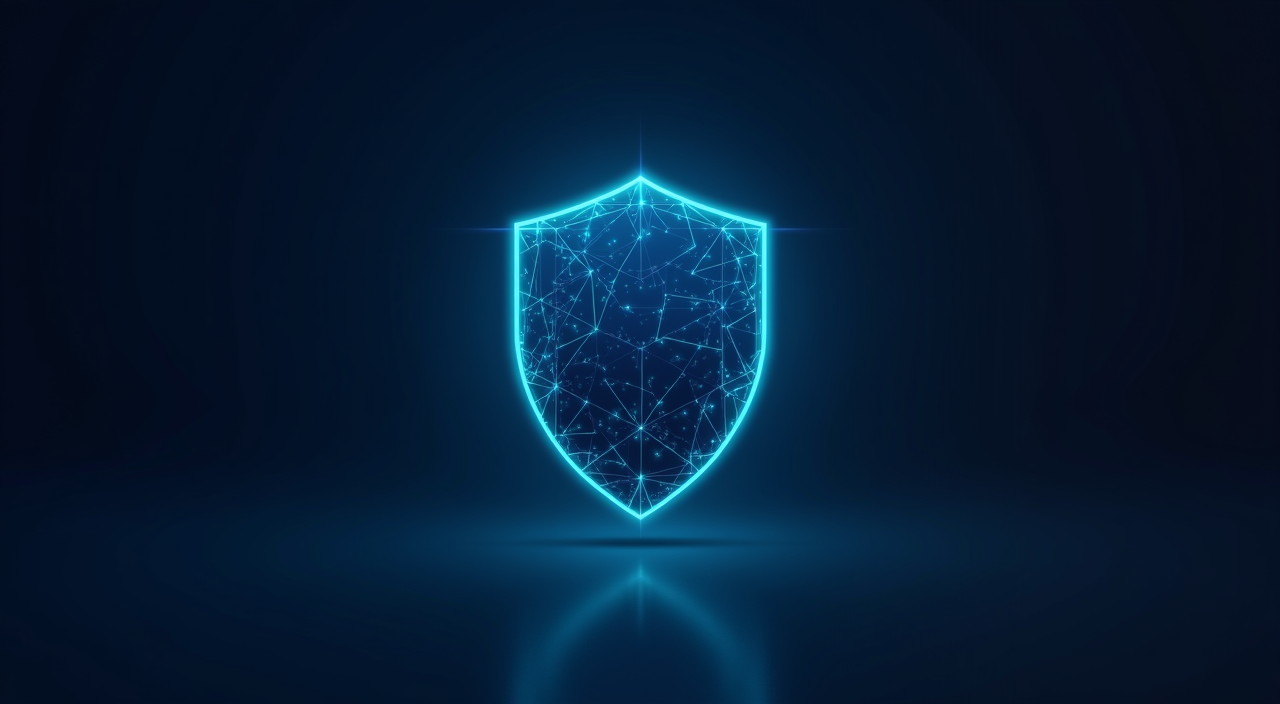 A stylized digital diagnostic shield in deep blue and cyan representing a framework for assessing Oracle migration risks and PL/SQL compatibility.
