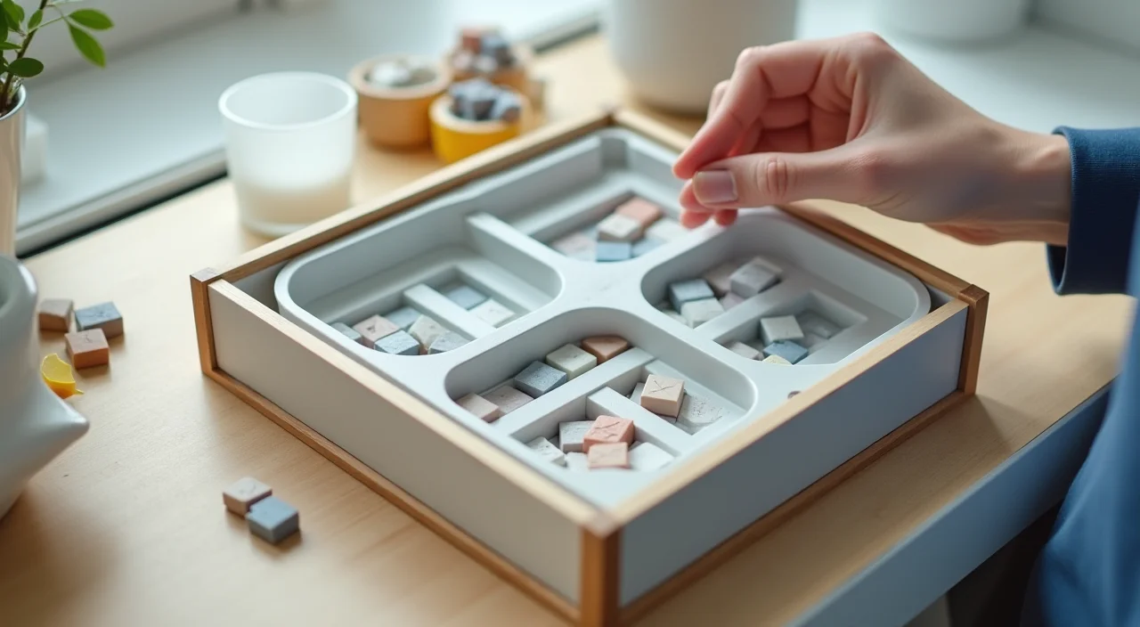 Close-up of sorted material samples in a compartmentalized tray illustrating technical selection criteria
