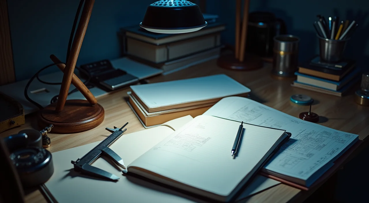 A precise workspace setup featuring calipers and notebooks on a wooden surface, symbolizing architectural planning for enterprise AI data governance.