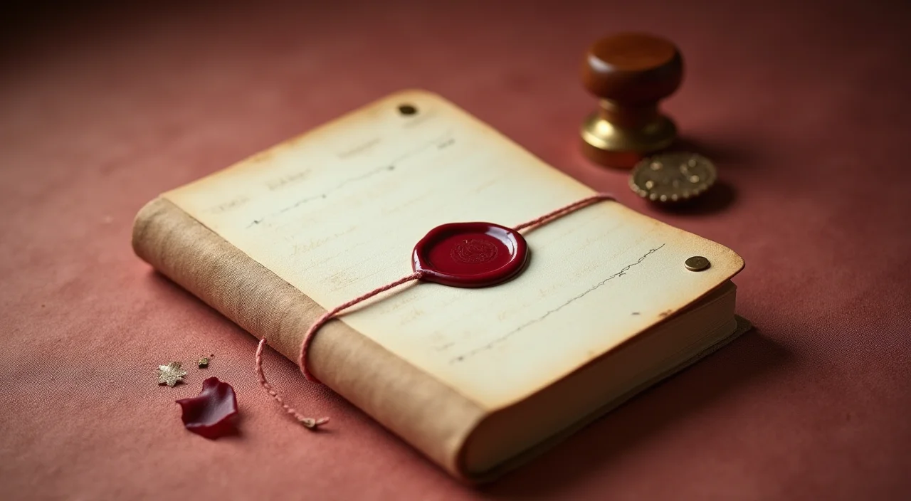A closed ledger book with a wax seal and brass stamp on a linen surface, symbolizing verified architectural proof for KingbaseES AI capabilities.