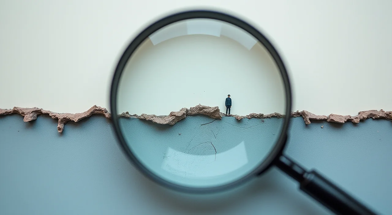 Close-up view of a magnifying glass examining a fine crack in a clear acrylic block, symbolizing technical problem diagnosis.
