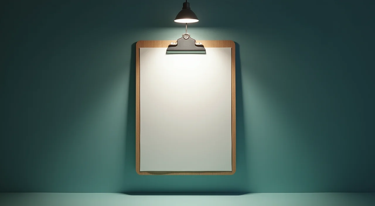 A blank approval clipboard on a wooden surface under focused lighting, symbolizing evidence-based verification in AI infrastructure planning.