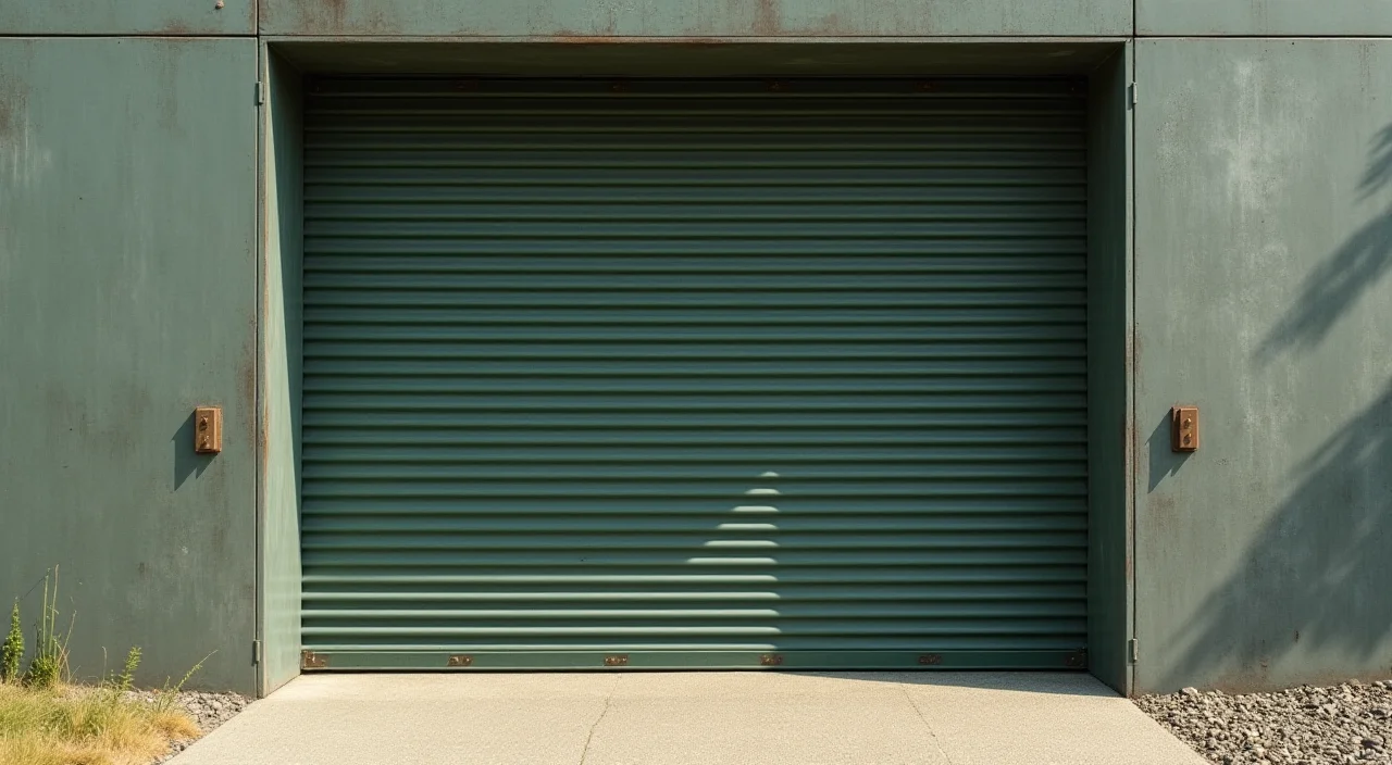 A half-open industrial shutter representing the controlled risk and rollback capability in large-scale database migration