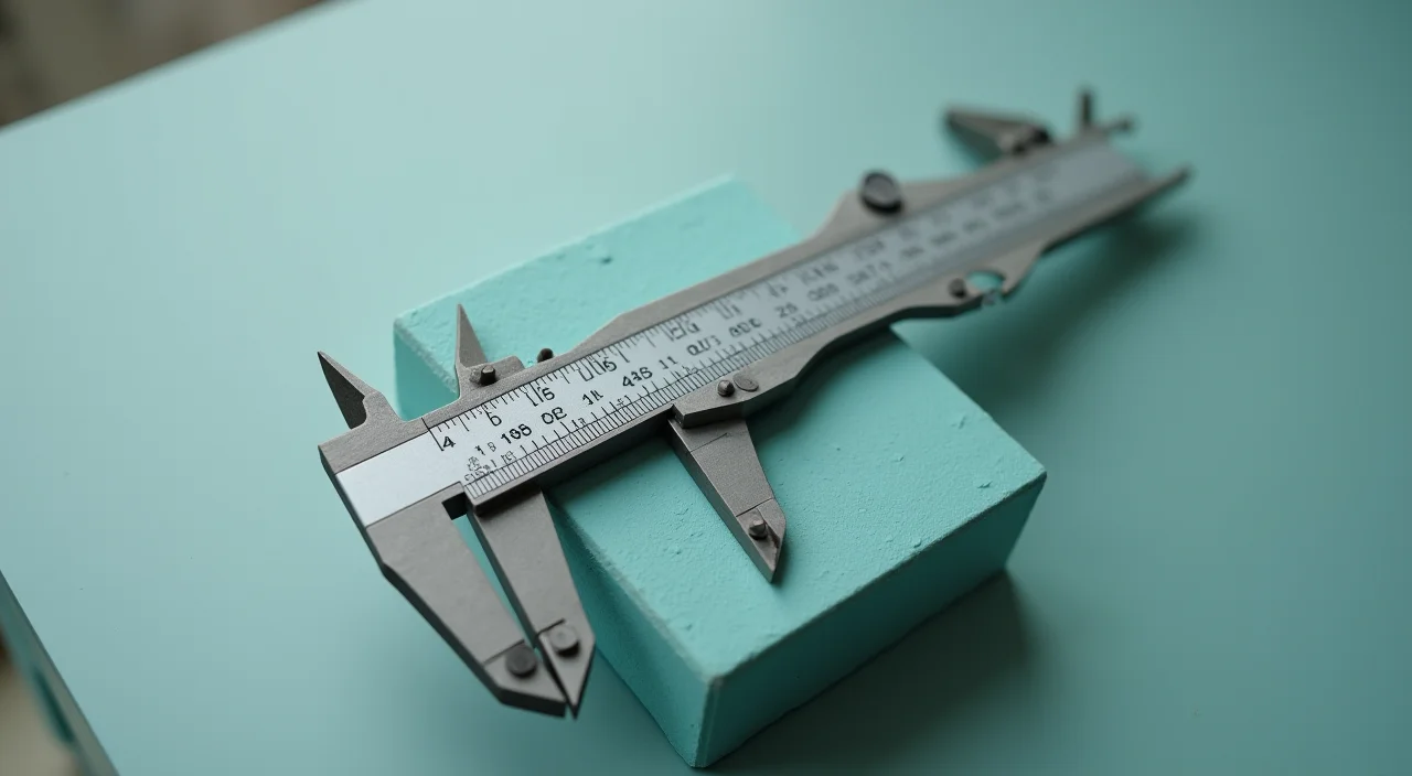A brass caliper resting on a matte calibration block to symbolize precise selection criteria