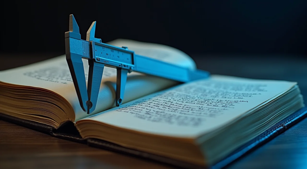 A precision caliper tool inspecting a leather-bound technical ledger, symbolizing the rigorous diagnostic validation required for Oracle database migration.