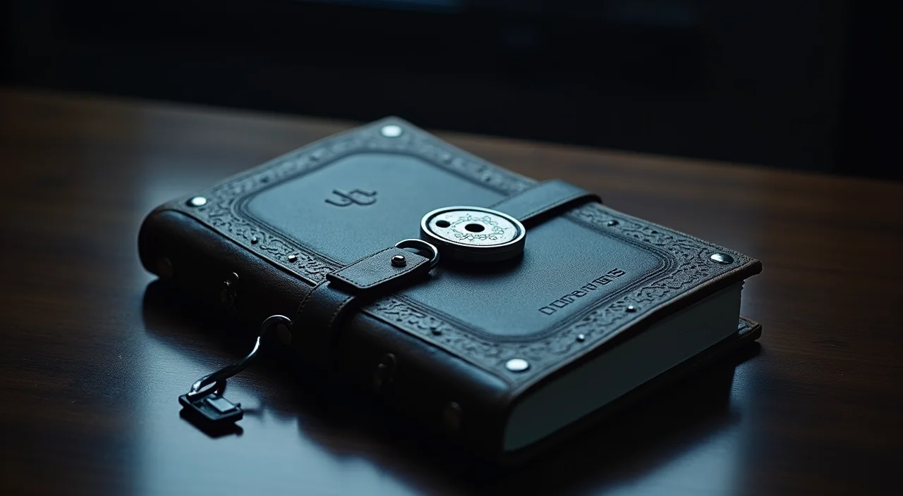 A steel ledger book with a lock and key on a dark desk, symbolizing secure commercial database evaluation and verified migration readiness.