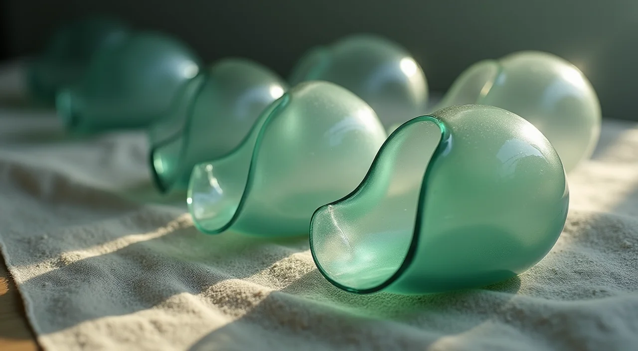 Nested transparent glass shells surrounding a solid ceramic core on a linen surface