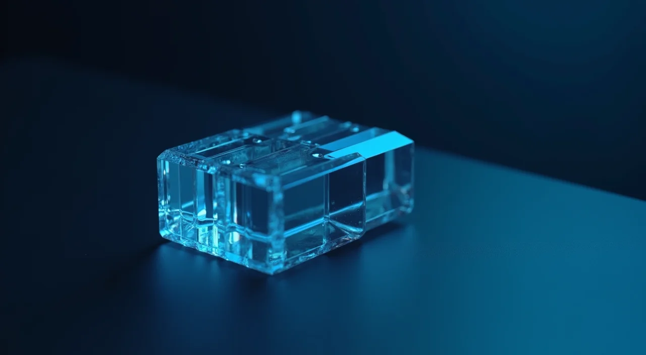 A minimalist 16:9 editorial image of a geometric crystal structure on a dark surface, symbolizing a transparent and stable enterprise database architecture framework in deep blue a