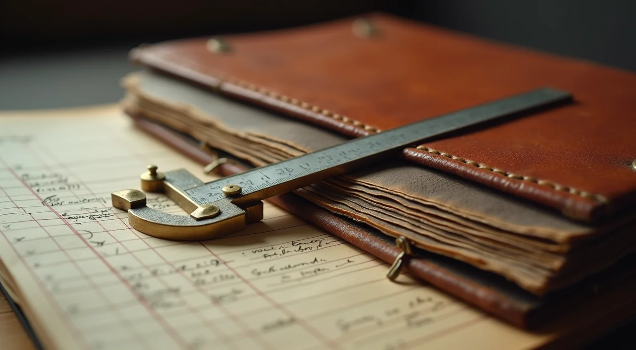 An engineer's caliper resting on leather-bound ledgers, symbolizing the precise diagnosis of enterprise database costs and migration readiness.