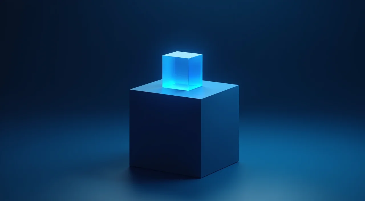 A minimalist editorial illustration showing a solid dark blue cube representing a relational database and a separate translucent cyan prism representing a vector index, symbolizing