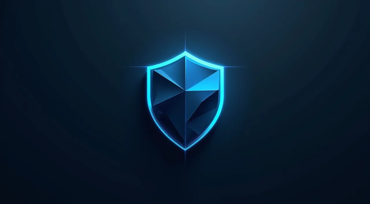 Abstract geometric shield in dark blue and cyan representing risk assessment and data integrity for enterprise database migration.