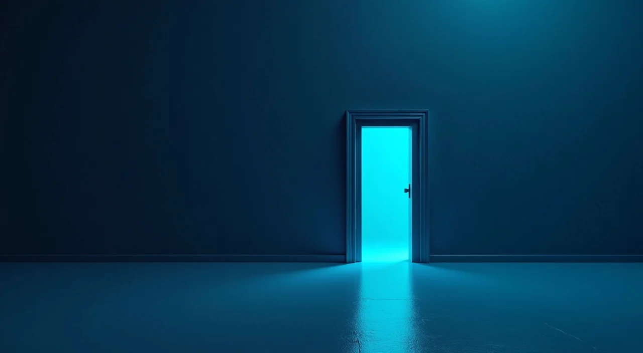 Abstract architectural vault door in dark blue and cyan tones representing secure database infrastructure.