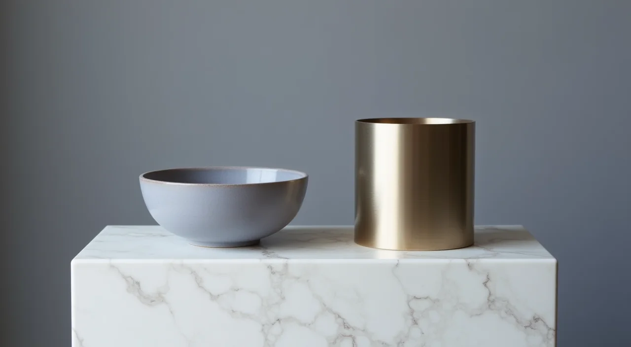 Ceramic bowl and brushed metal cylinder displayed side by side on a marble surface representing database migration comparison