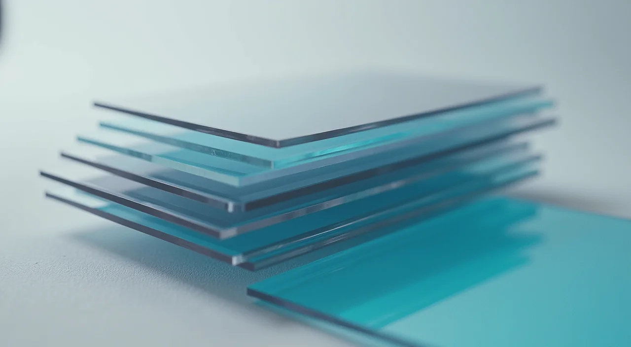 Stacked transparent acetate sheets representing progressive definition depth in database migration architecture