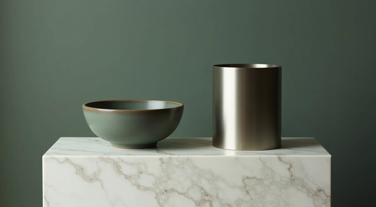 Ceramic bowl and brushed metal cylinder on marble plinth representing Oracle and alternative database comparison