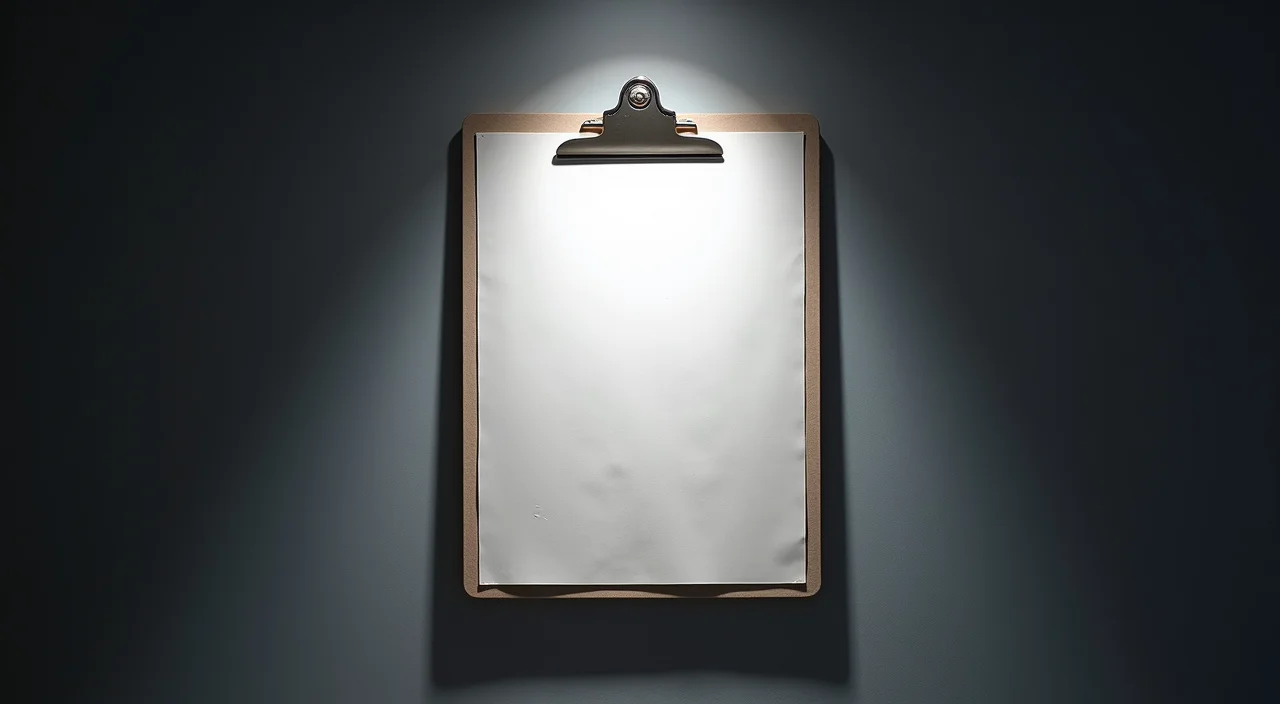 A close-up editorial shot of a blank approval clipboard on a textured surface, illuminated by a focused museum spotlight, symbolizing the rigorous validation required for database