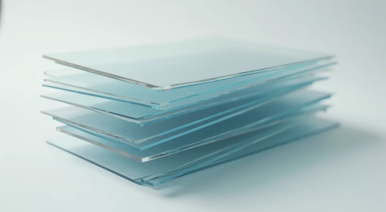 Stacked transparent acetate sheets offset on a light box representing progressive definition depth