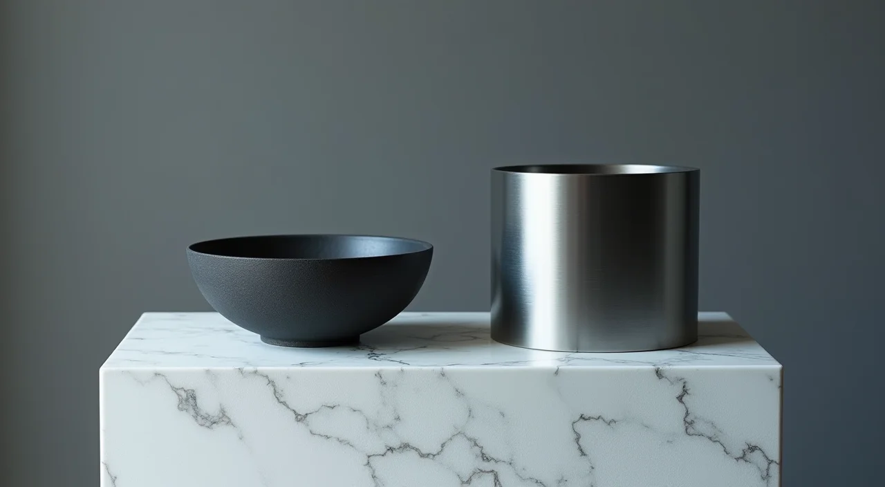 Ceramic bowl and brushed metal cylinder displayed side by side on a marble surface