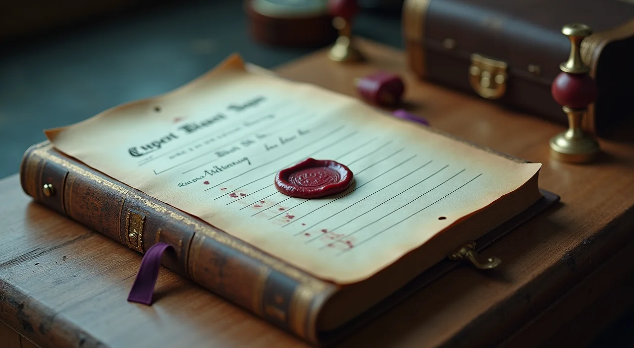 A close-up of a leather-bound ledger sealed with wax and brass on a wooden surface, symbolizing verified enterprise migration value