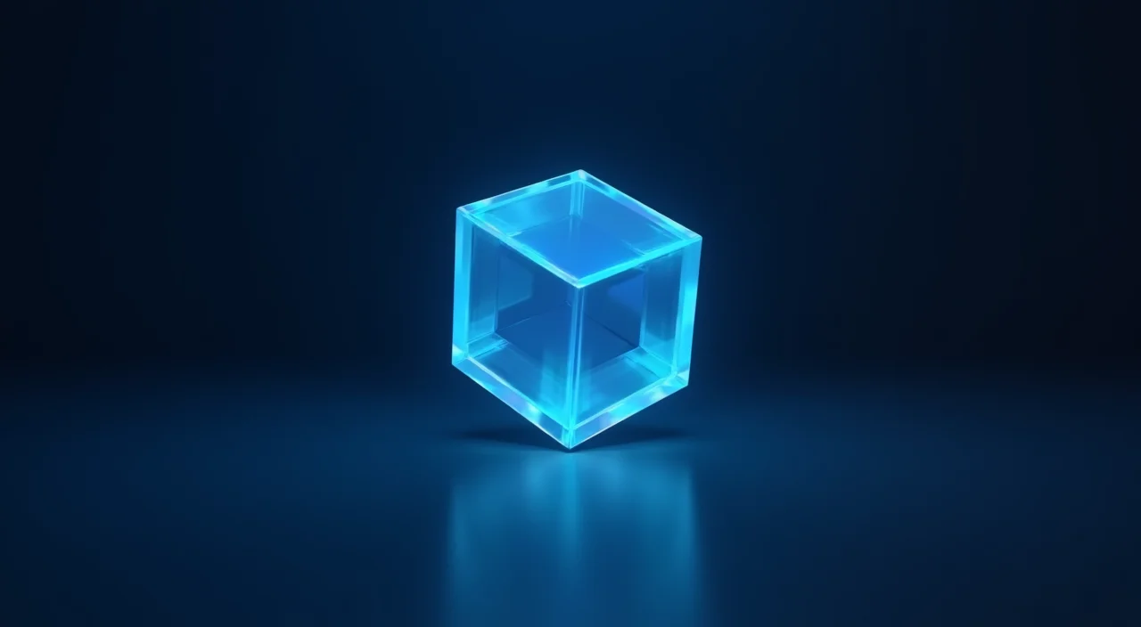 A solitary translucent cyan crystal structure floating in deep blue space, symbolizing vector database architecture for AI workloads.