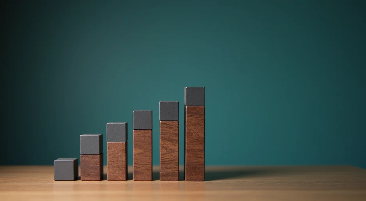 Stepped graphite tolerance gauge blocks arranged on a walnut surface representing structured evaluation criteria for enterprise AI infrastructure selection