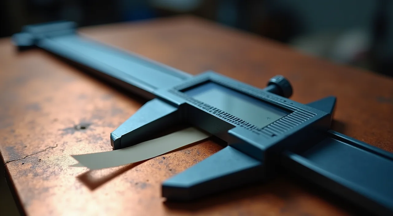 A precision gauge measuring a document strip on a copper surface, symbolizing technical evaluation.