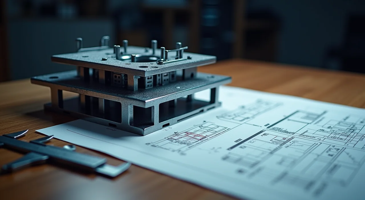 A precision steel blueprint and caliper on a dark desk representing rigorous enterprise database evaluation and architectural planning.