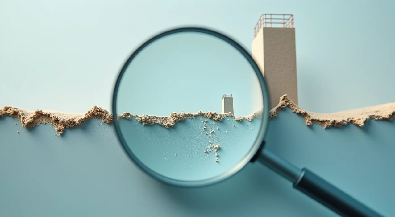 Close-up of a magnifying glass inspecting a hairline crack in a translucent acrylic panel, symbolizing the diagnosis of latency and data staleness in AI data platforms
